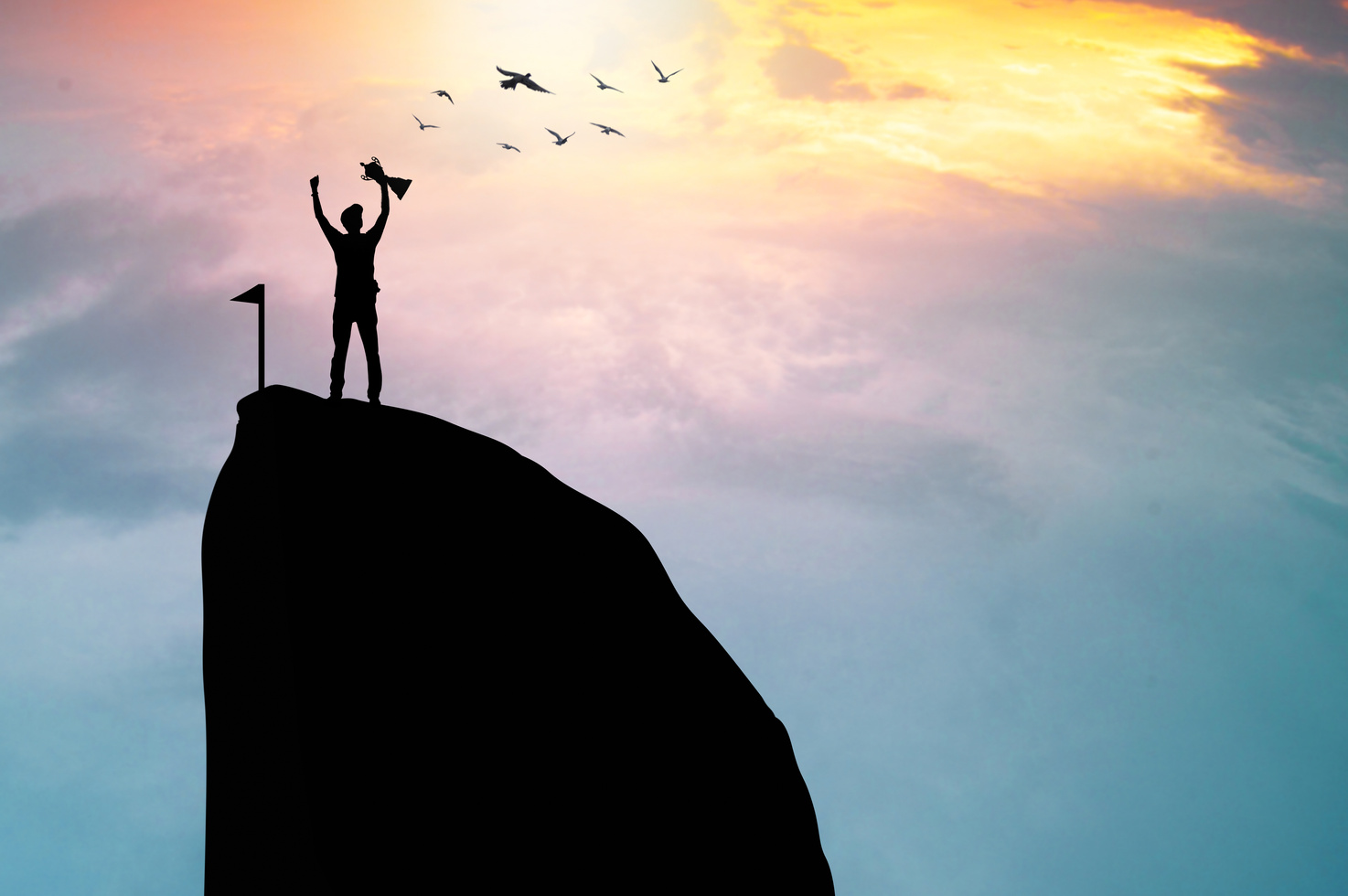 Silhouette of a Businessman Holding a Trophy on a Mountain